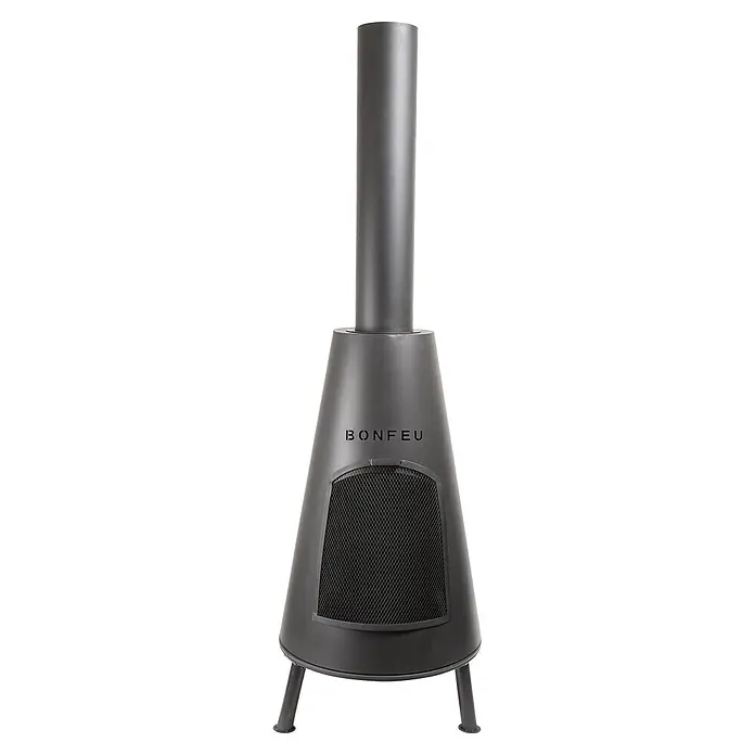 Bonfeu Chimenea de exterior Bonpyra - Ø x Al: 50 x 166 cm, Acero, Negro - Chimenea exterior de metal gris oscuro con puerta de malla y marca "BONFEU", sobre tres patas.