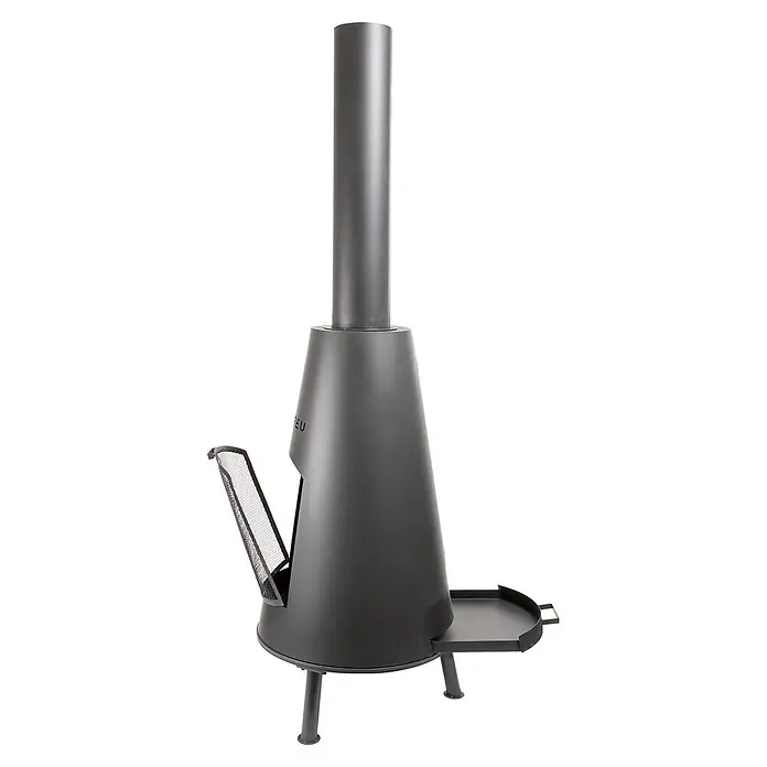 Bonfeu Chimenea de exterior Bonpyra - Ø x Al: 50 x 166 cm, Acero, Negro - Chimenea exterior de metal gris oscuro con chimenea alta, puerta de malla abierta y estante lateral.