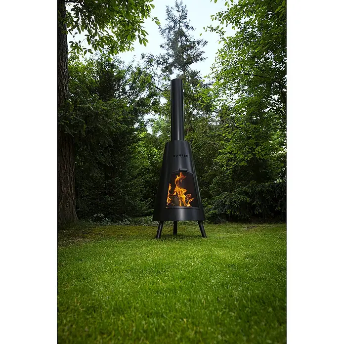Bonfeu Chimenea de exterior Bonpyra - Ø x Al: 50 x 166 cm, Acero, Negro - Chimenea de metal negro con fuego ardiendo.