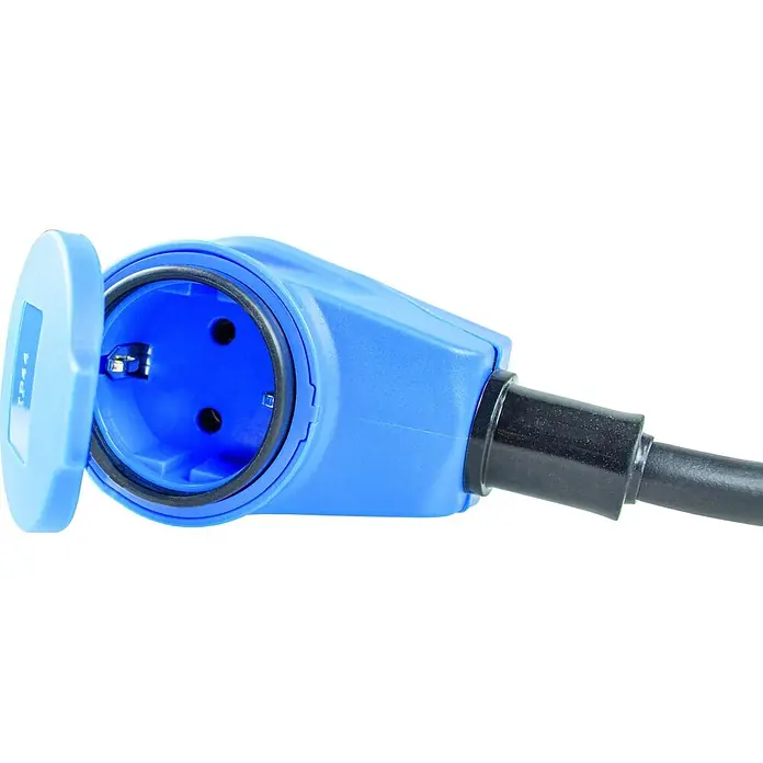 as-schwabe Verlängerungskabel H07RN-F 3G2,5 - 1,5 m, Schwarz, IP44, H07RN-F - Blauer Steckdosenadapter mit Schutzkappe und schwarzem Kabeleingang.
