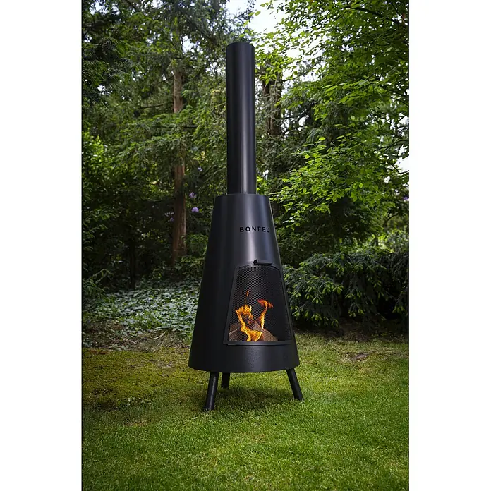 Bonfeu Chimenea de exterior Bonpyra - Ø x Al: 50 x 166 cm, Acero, Negro - Chimenea de exterior de metal negro con llamas encendidas.