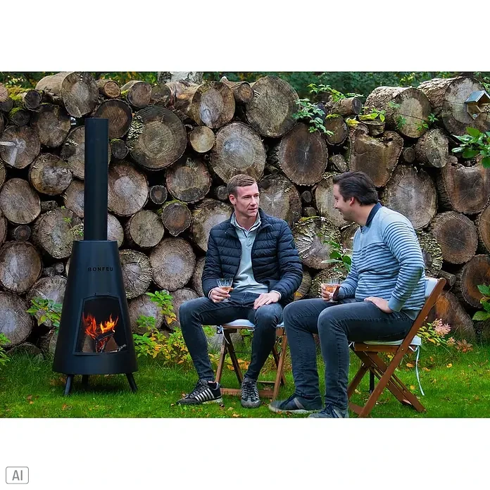 Bonfeu Chimenea de exterior Bonpyra - Ø x Al: 50 x 166 cm, Acero, Negro - Chimenea exterior BONFEU de metal negro con fuego encendido, utilizada por dos hombres relajándose en un jardín.