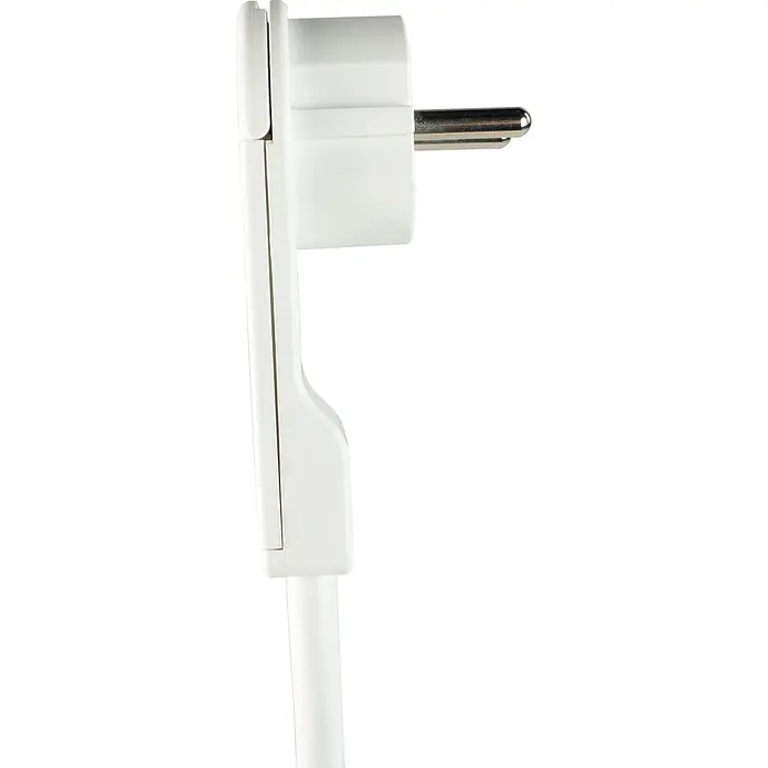 as - Schwabe 3-fach Steckdosenleiste 2m 230V weiß Flachstecker mit Bügel IP20 -  - Weißer Netzstecker mit zwei Metallstiften und angeschlossenem weißem Kabel.