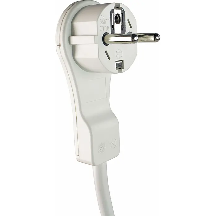 as - Schwabe 3-fach Steckdosenleiste 2m 230V weiß Flachstecker mit Bügel IP20 -  - Weißer Kunststoff-Schukostecker mit Kabel, zeigt Metallstifte und Erdungskontakte.