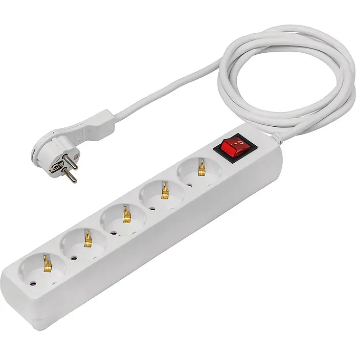 as - Schwabe 5-fach Steckdosenleiste 2m 230V weiß Flachstecker mit Bügel IP20 -  - Weißer 4-fach Steckerleiste mit rotem Schalter und Anschlusskabel mit Stecker.