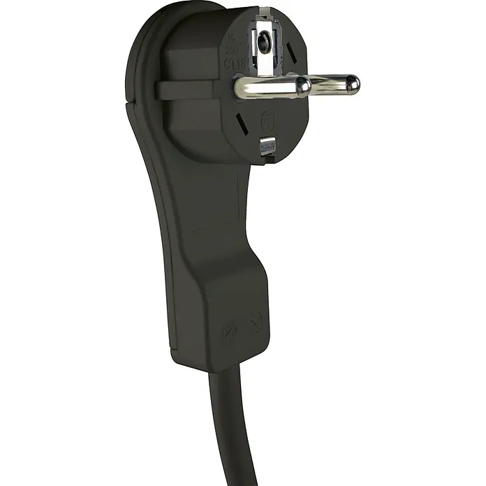 as - Schwabe 5-fach Steckdosenleiste 2m 230V schwarz Flachstecker mit Bügel IP20 -  - Dunkelgrauer Schuko-Winkelstecker mit Metallstiften, 16A/250V Nennwert.