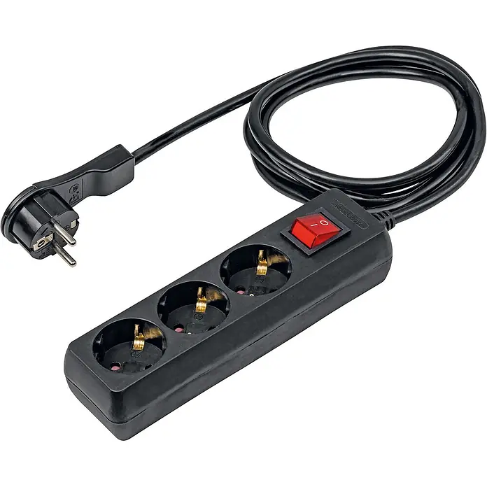 as - Schwabe 3-fach Steckdosenleiste 2m 230V schwarz Flachstecker mit Bügel IP20 -  - Schwarze 3-fach Steckdosenleiste mit rotem Ein/Aus-Schalter und schwarzem Schukostecker-Kabel.