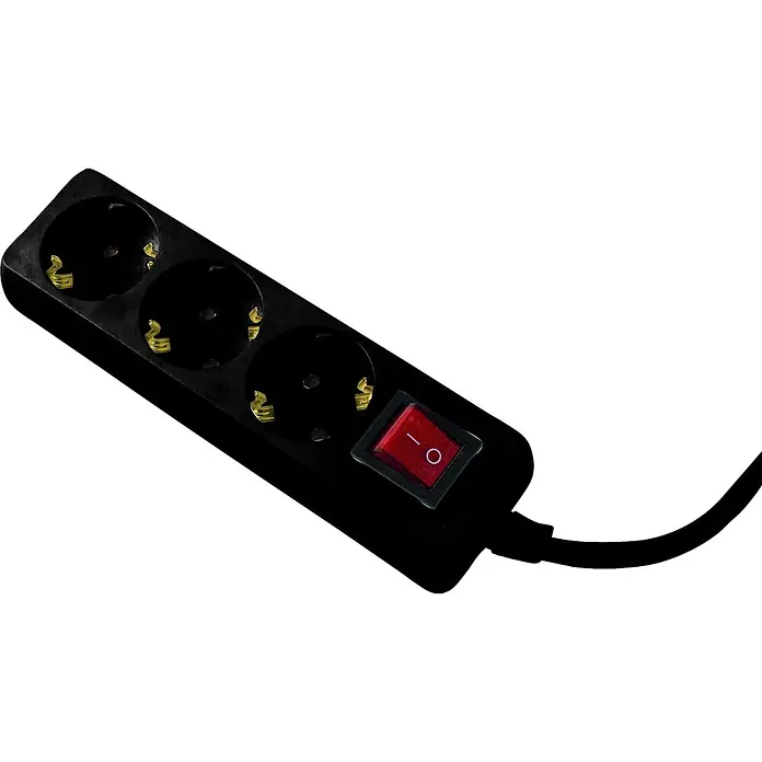 as - Schwabe 3-fach Steckdosenleiste 2m 230V schwarz Flachstecker mit Bügel IP20 -  - Schwarze 3-fach Steckdosenleiste mit Schuko-Steckdosen und beleuchtetem rotem Ein-/Ausschalter.