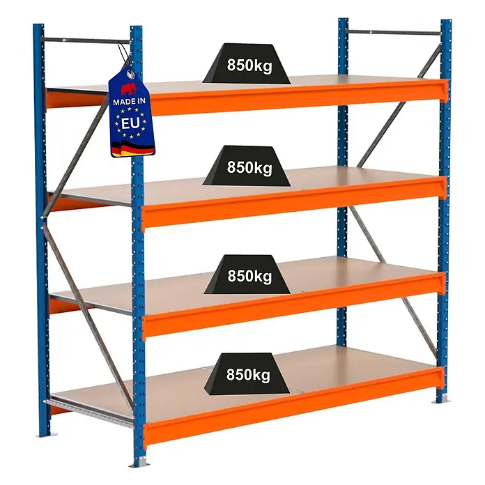 PROREGAL Industrie Weitspannregal Lagerregal MAXIMUS PRO Grundregal HxBxT 200x150x80cm 4 Ebenen, Spanplatten-Fachboden, Fachlast 850 kg Blau/Orange -  - Blau-orange Schwerlast-Lagerregal mit vier Fachböden, jeder für 850kg ausgelegt, hergestellt in der EU.
