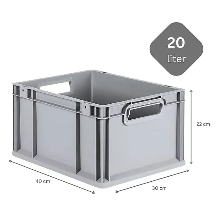 Eurobox NextGen Grip | HxBxT 22x30x40cm | 20 Liter | Griffe offen | Glatter Boden | Grau | Eurobehälter, Transportbox, Transportbehälter, Stapelbehälter, Box -  - Graue Kunststoff-Stapelbox mit Griffen, 20 Liter Fassungsvermögen.