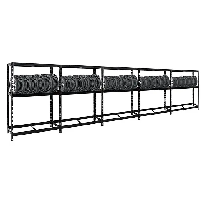 Mega Deal | 5x Reifenregal Tiger | HxBxT 180x130x50 cm | bis zu insgesamt 60 Reifen | mit Fachboden | Schwarz -  - Schwarzes Metall-Reifenregal zur Lagerung mehrerer Autoreifen.