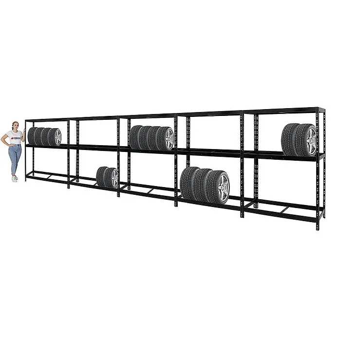 Set Deal 5x Reifenregal Tiger 180x130x50cm 60 Reifen mit Fachboden Schwarz -  - Langes schwarzes Metallregal für Reifen mit mehreren Ebenen, beladen mit Reifen, Person als Größenvergleich.