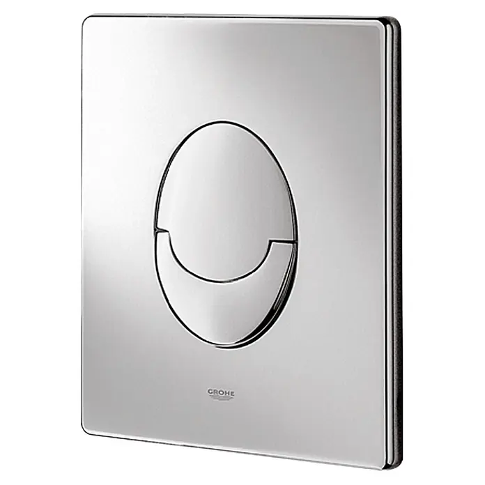 Grohe Betätigungsplatte Skate Air Variante 1 - Chrom matt, Spül-Stopp-System - Nahaufnahme einer Grohe-Betätigungsplatte mit zwei Tasten in glänzendem Chrom-Design für moderne Badezimmer.
