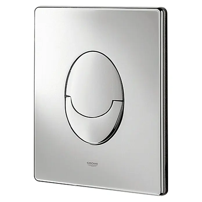 Grohe Betätigungsplatte Skate Air Variante 1 - Chrom matt, Spül-Stopp-System - Nahaufnahme einer Grohe-Betätigungsplatte mit zwei Tasten in glänzendem Chrom-Design für moderne Badezimmer.
