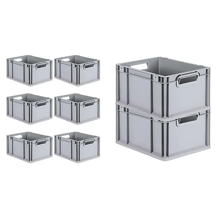 Proregal Euroboxen-Set 8x Eurobox NextGen Economy mit Scharnierdeckel und gelben Verschlüssen - Kunststoff, Grau, 8 Stk. - Mehrere graue stapelbare Kunststoff-Lagerboxen mit integrierten Griffen, einzeln und gestapelt gezeigt.