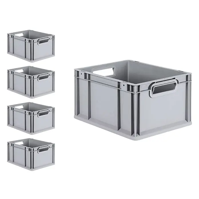 SparSet 5x Eurobox NextGen Grip | HxBxT 22x30x40cm | 20 Liter | Griffe offen | Glatter Boden | Grau | Eurobehälter, Transportbox, Transportbehälter, Stapelbehälter, Box -  - Stapelbare graue Kunststoff-Lagerboxen mit Griffen.