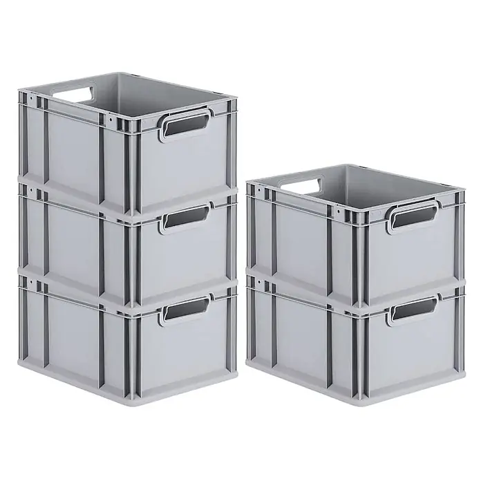 SparSet 5x Eurobox NextGen Grip | HxBxT 22x30x40cm | 20 Liter | Griffe offen | Glatter Boden | Grau | Eurobehälter, Transportbox, Transportbehälter, Stapelbehälter, Box -  - Zwei Stapel grauer Kunststoff-Lagerbehälter für den Industriebereich.