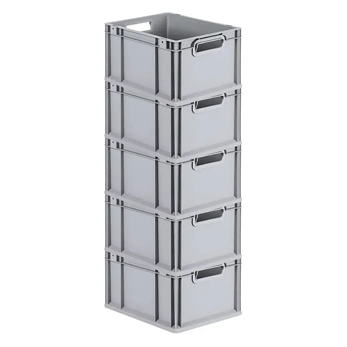 SparSet 5x Eurobox NextGen Grip | HxBxT 22x30x40cm | 20 Liter | Griffe offen | Glatter Boden | Grau | Eurobehälter, Transportbox, Transportbehälter, Stapelbehälter, Box -  - Fünf graue Kunststoff-Stapelbehälter vertikal gestapelt.