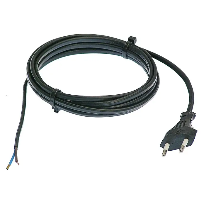 as-schwabe Anschlusskabel - 3 m, H03VVH2-F, Aderquerschnitt: 0,75 mm², Schwarz - Schwarzes aufgerolltes Netzkabel mit Eurostecker und abisolierten Kabeln (blau, braun), mit Kabelbinder.