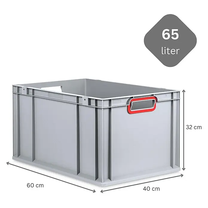 SparSet 5x Eurobox NextGen Color mit Auflagedeckel und Schiebeschnappverschlüsse | HxBxT 32x40x60cm | 65 Liter | Grau | Griffe rot offen | Verstärkter Boden | Eurobehälter, Transportbox, Transportbehälter, Stapelbehälter -  - Graue Kunststoff-Lagerbox mit rotem Griff, Maße 60x40x32 cm, Fassungsvermögen 65 Liter.