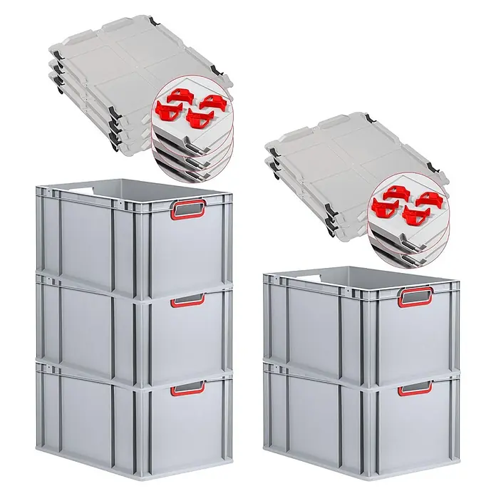 SparSet 5x Eurobox NextGen Color mit Auflagedeckel und Schiebeschnappverschlüsse | HxBxT 32x40x60cm | 65 Liter | Grau | Griffe rot offen | Verstärkter Boden | Eurobehälter, Transportbox, Transportbehälter, Stapelbehälter -  - Stapelbare graue Lagerboxen mit roten Griffen und passenden Deckeln mit roten Clips.