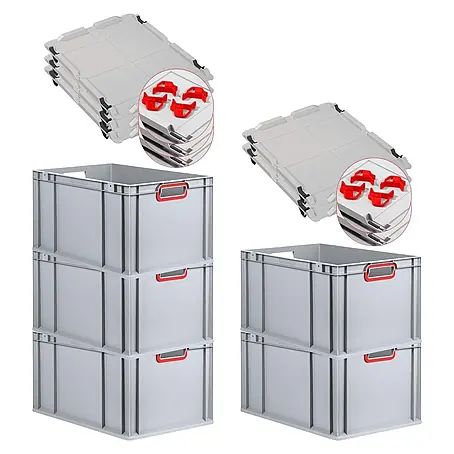Proregal  Euroboxen-Set 5x Eurobox NextGen Color mit Auflagedeckel und Schiebeschnappverschlüsse