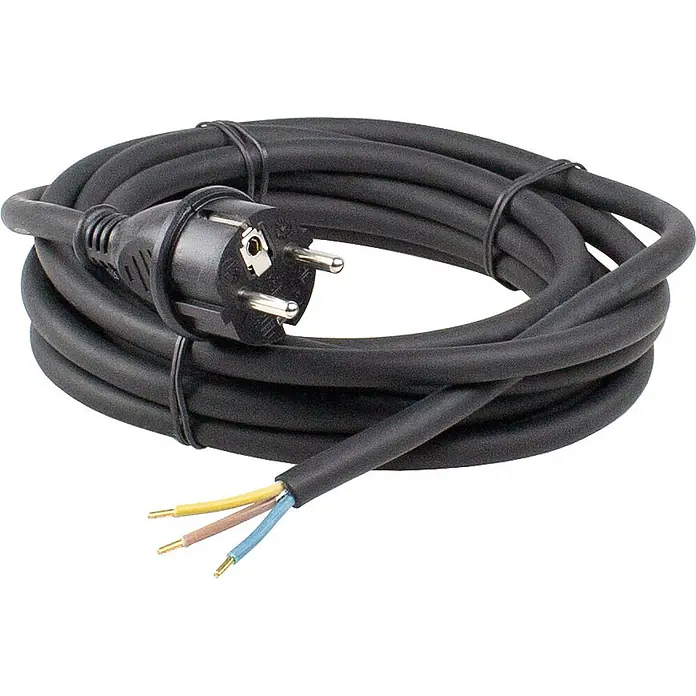 Gummi-Anschlussleitung 15m, schwarz -  - Schwarzes Netzkabel mit Schuko-Stecker und abisolierten gelb-grünen, blauen, braunen Adern zum Anschluss.