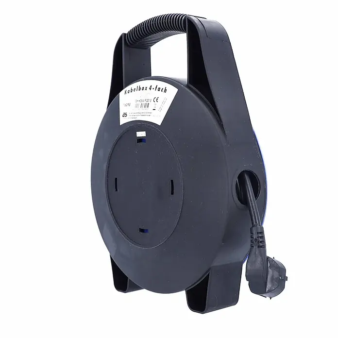 as - Schwabe Kabelbox Kabeltrommel 15 m 230V H05VV-F 3G1,5 IP20 -  - Schwarze Kabelbox mit Tragegriff und Stecker, beschriftet als 15m 4-fach Verlängerung.