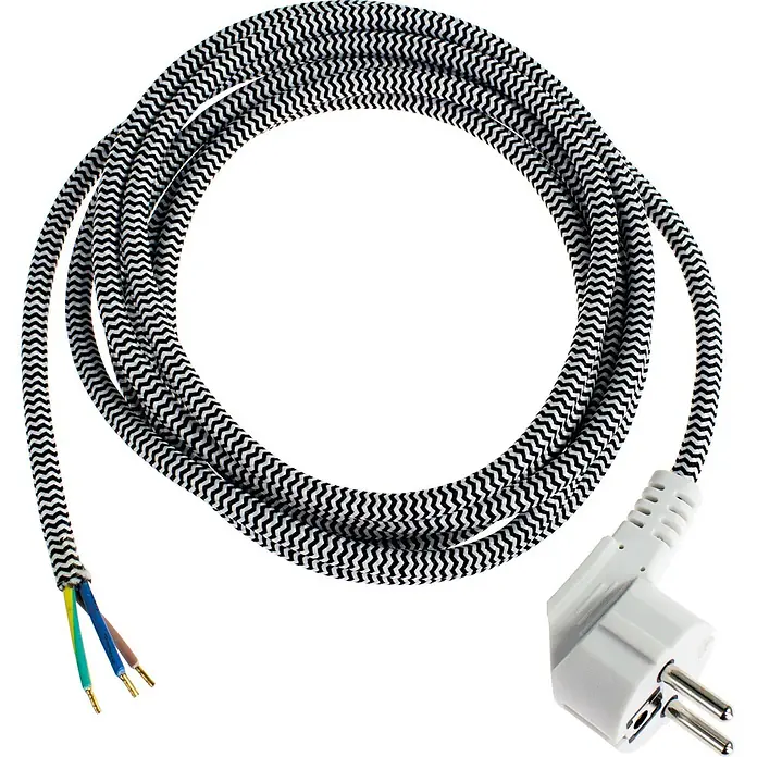 as-schwabe Anschlusskabel - 3 m, H03RT-F, Aderquerschnitt: 1 mm², Schwarz - Schwarz-weißes Zickzack-Textilkabel mit drei abisolierten Adern (blau, braun, grün/gelb) und einem weißen Schutzkontakt-Winkelstecker.