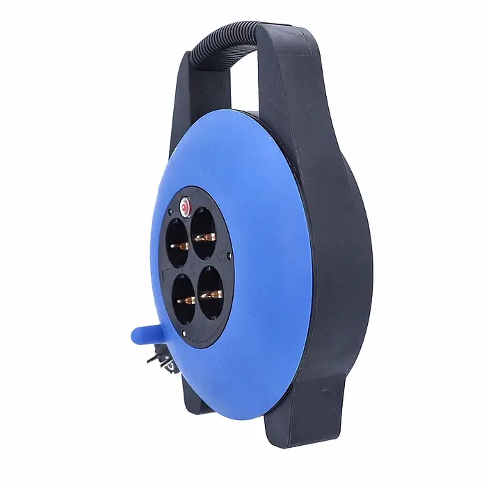 as - Schwabe Kabelbox Kabeltrommel 15 m 230V H05VV-F 3G1,5 IP20 -  - Blau-schwarze Kabeltrommel mit vier Steckdosen und Griff.