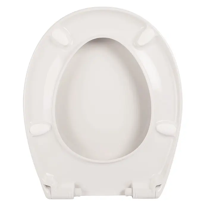 Calmwaters WC-Sitz Original - Duroplast, Weiß, Mit Absenkautomatik - Weißer Kunststoff-Toilettensitz mit integrierten Puffern, von oben gesehen.