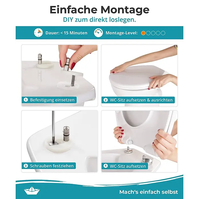 Calmwaters WC-Sitz Original - Duroplast, Weiß, Mit Absenkautomatik - Schritt-für-Schritt-Anleitung zur Montage eines weißen WC-Sitzes mit Metall- und Kunststoffbefestigungen.