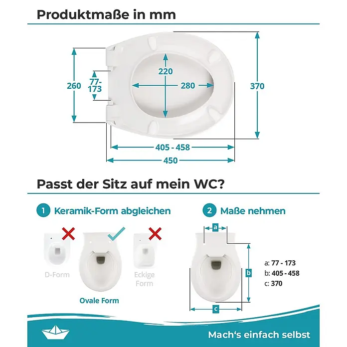 Calmwaters WC-Sitz Original - Duroplast, Weiß, Mit Absenkautomatik - Weißer ovaler Toilettensitz mit detaillierten Maßen und einer Kompatibilitätsanleitung für verschiedene WC-Formen.