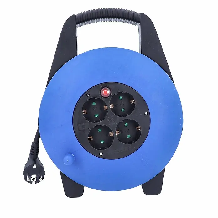 as - Schwabe Kabelbox Kabeltrommel 15 m 230V H05VV-F 3G1,5 IP20 -  - Blaue und schwarze Kabeltrommel mit vier Steckdosen, rotem Schalter und Tragegriff, einschließlich Stecker.