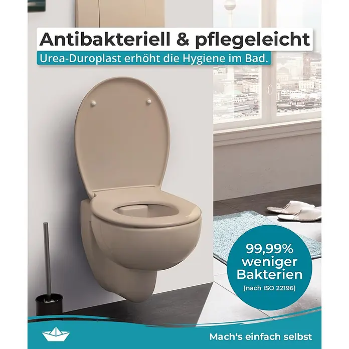 Calmwaters WC-Sitz Original - Duroplast, Beige, Mit Absenkautomatik - Beiges WC mit hochgeklapptem Urea-Duroplast-Sitz im Badezimmer, antibakteriell und pflegeleicht.