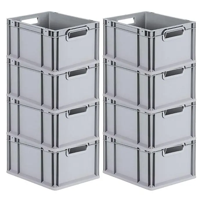 Proregal Euroboxen-Set 8x Eurobox NextGen Economy mit Scharnierdeckel und gelben Verschlüssen - Kunststoff, Grau, 8 Stk. - Zwei Stapel von je vier grauen stapelbaren Kunststoff-Lagerboxen mit Griffen.