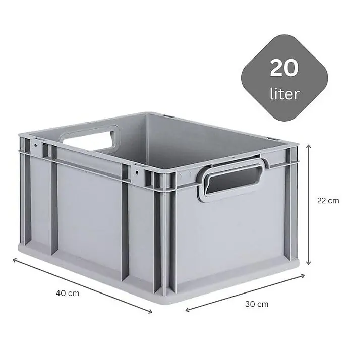 Proregal Euroboxen-Set 8x Eurobox NextGen Economy mit Scharnierdeckel und gelben Verschlüssen - Kunststoff, Grau, 8 Stk. - Graue Kunststoff-Aufbewahrungsbox, 20 Liter, 40x30x22 cm, mit Griffen.