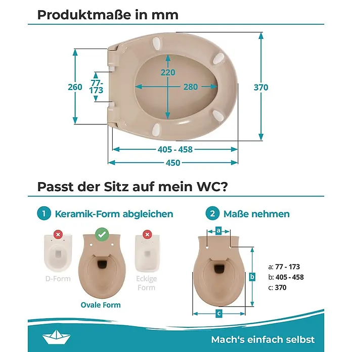 Calmwaters WC-Sitz Original - Duroplast, Beige, Mit Absenkautomatik - Beiger ovaler Toilettensitz mit Maßen und Passformanleitung für das WC, inkl. Scharnierabstand und Gesamtlänge.