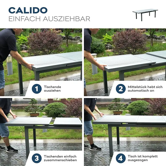 Home Deluxe Gartentisch CALIDO -  - Grauer Latten-Ausziehtisch für den Außenbereich. Eine Person demonstriert das automatische Anheben der Mittelplatte zur Verlängerung des Tisches.