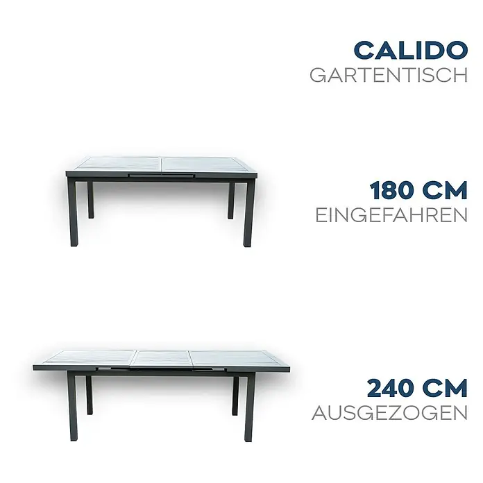 Home Deluxe Gartentisch CALIDO -  - Dunkelgrauer CALIDO Gartentisch, ausziehbar von 180 cm (eingefahren) auf 240 cm (ausgezogen).
