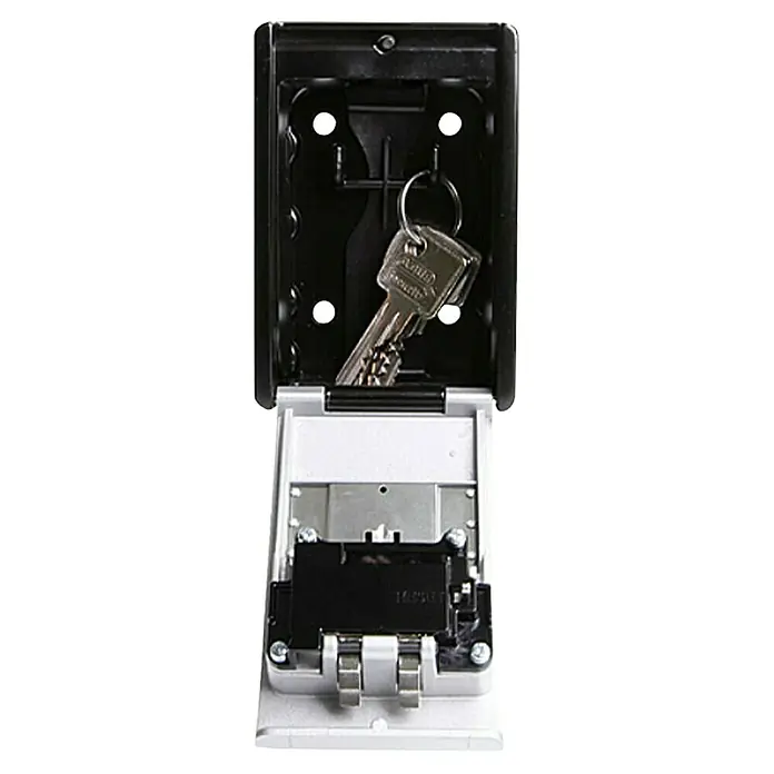 Abus Schlüsselbox Key Garage 787 - Geeignet für: Bis zu 20 Schlüssel, L x B x H: 45 x 80 x 120 mm, Ohne LED-Beleuchtung - Ein offener Schlüsseltresor mit einem Schlüssel darin, ideal zur sicheren Aufbewahrung von Schlüsseln für autorisierte Personen.