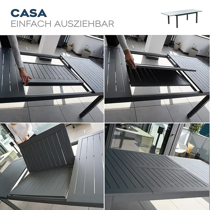 Home Deluxe Gartentisch CASA -  - Dunkelgrauer ausziehbarer Metall-Terrassentisch, der seinen Erweiterungsmechanismus Schritt für Schritt zeigt.
