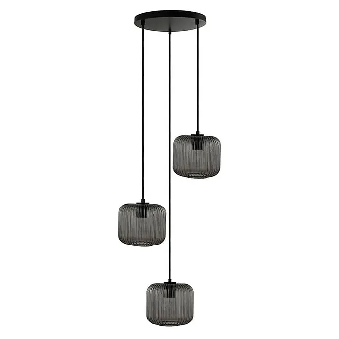 HOME DELUXE Hängeleuchte aus Glas LILY - Rauchgrau -  - Dreiflammige Pendelleuchte mit gerippten Rauchglasschirmen und schwarzer Deckenbefestigung.