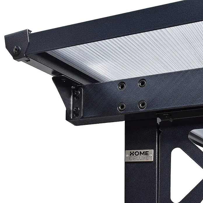 HOME DELUXE Terrassenüberdachung aus Aluminium ECO Anthrazit - 300 x 420 cm -  - Dunkelgraues Metallgestell mit lichtdurchlässiger Dachplatte und 'HOME DELUXE'-Markenplakette.
