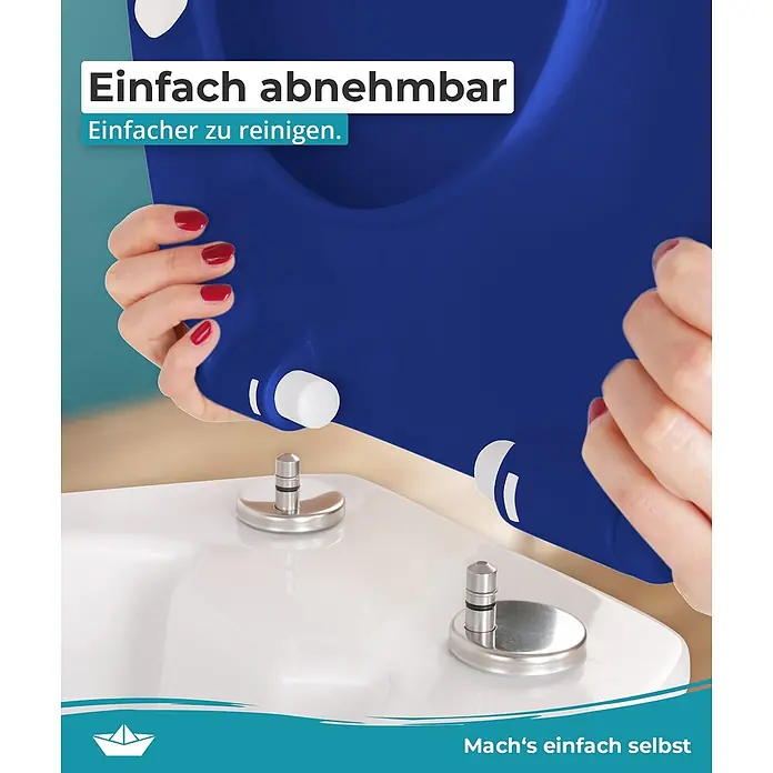 Calmwaters® Premium WC Sitz einfache Montage, Toilettendeckel bis 250 kg, Made in EU, antibakterieller Duroplast, Absenkautomatik, 2 Montage Optionen, abnehmbar, Klobrille, oval, Blau -  - Hände entfernen einen blauen Toilettensitz leicht von der weißen Toilette, was seine schnelle Ablösung zum Reinigen zeigt.