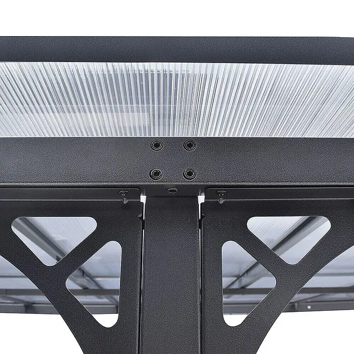 HOME DELUXE Terrassenüberdachung aus Aluminium ECO Anthrazit - 300 x 420 cm -  - Detailansicht eines dunkelgrauen Metallgestells mit transparenten, gewellten Polycarbonat-Dachplatten und verschraubten Verbindungen.
