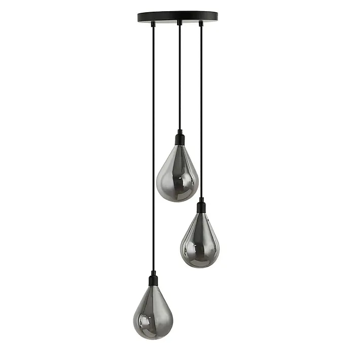 HOME DELUXE Hängeleuchte aus Glas CELIA Rauchgrau- 3-flammig -  - Dreiflammige Pendelleuchte mit tropfenförmigen Rauchglas-Schirmen und schwarzem Deckenbaldachin.