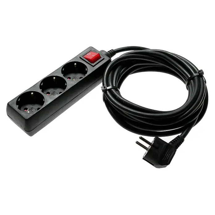 as - Schwabe 3-fach Steckdosenleiste 5m 230V schwarz Ein-Ausschalter IP20 -  - Schwarze Steckdosenleiste mit 3 Schuko-Steckdosen, rotem Schalter, aufgerolltem Kabel und gewinkeltem Stecker.