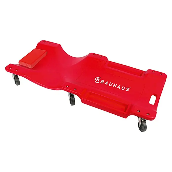 BAUHAUS Werkstatt-Rollbrett - 102 cm, Belastbarkeit: 150 kg - Rote Werkstattliege mit sechs Rollen und Kopfstütze, ideal für Reparaturen unter dem Auto. Robust und bequem.