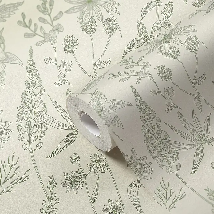 Tadessi Vliestapete M1-No.11447 - Weiß, Floral - Eine Tapetenrolle mit einem Muster aus zarten grünen botanischen Strichzeichnungen auf hellbeigem Hintergrund.
